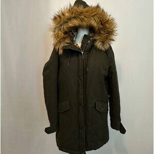 Forever 21 Olive Green Parka With Faux Fur/ Leopard Print Lining